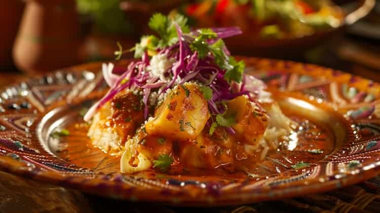 Image of succulent shrimp in vibrant sauce, garnished with herbs, on elegant plate.