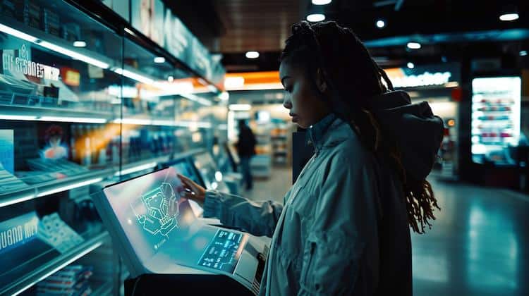 Customer At Self-Checkout Using a Futuristic POS