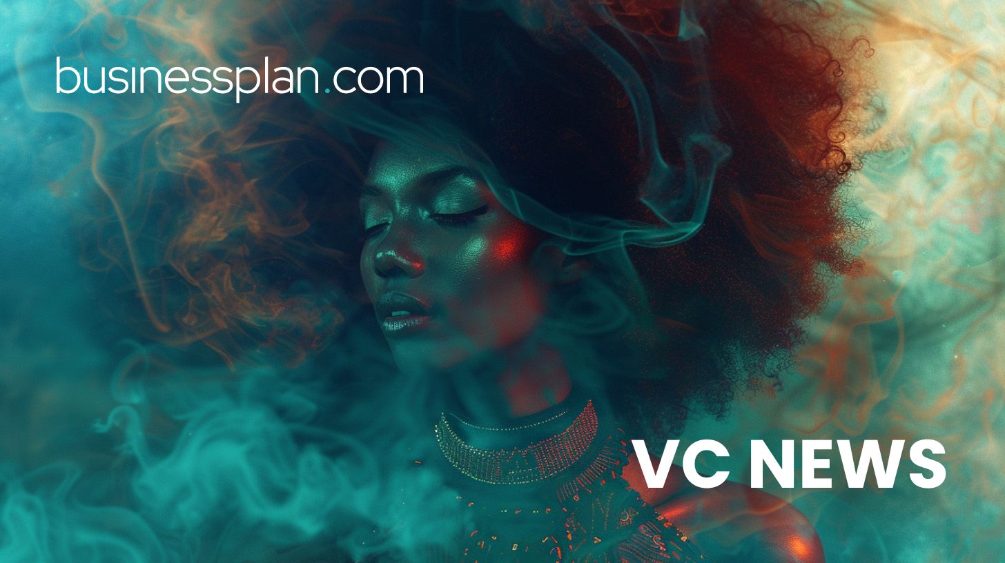 A photograph of a woman with closed eyes surrounded by swirling smoke, with text "businessplan.com VC NEWS" on a moody, colored background.